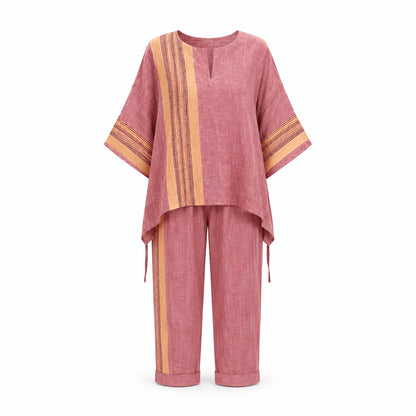 Women’s Linen Contrast Trim Co-Ord Set with Wide Leg Trousers