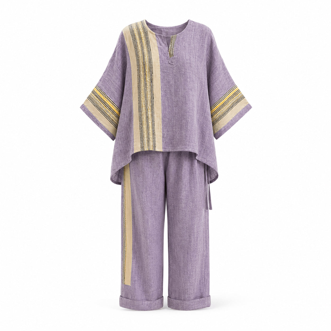 Women’s Linen Contrast Trim Co-Ord Set with Wide Leg Trousers