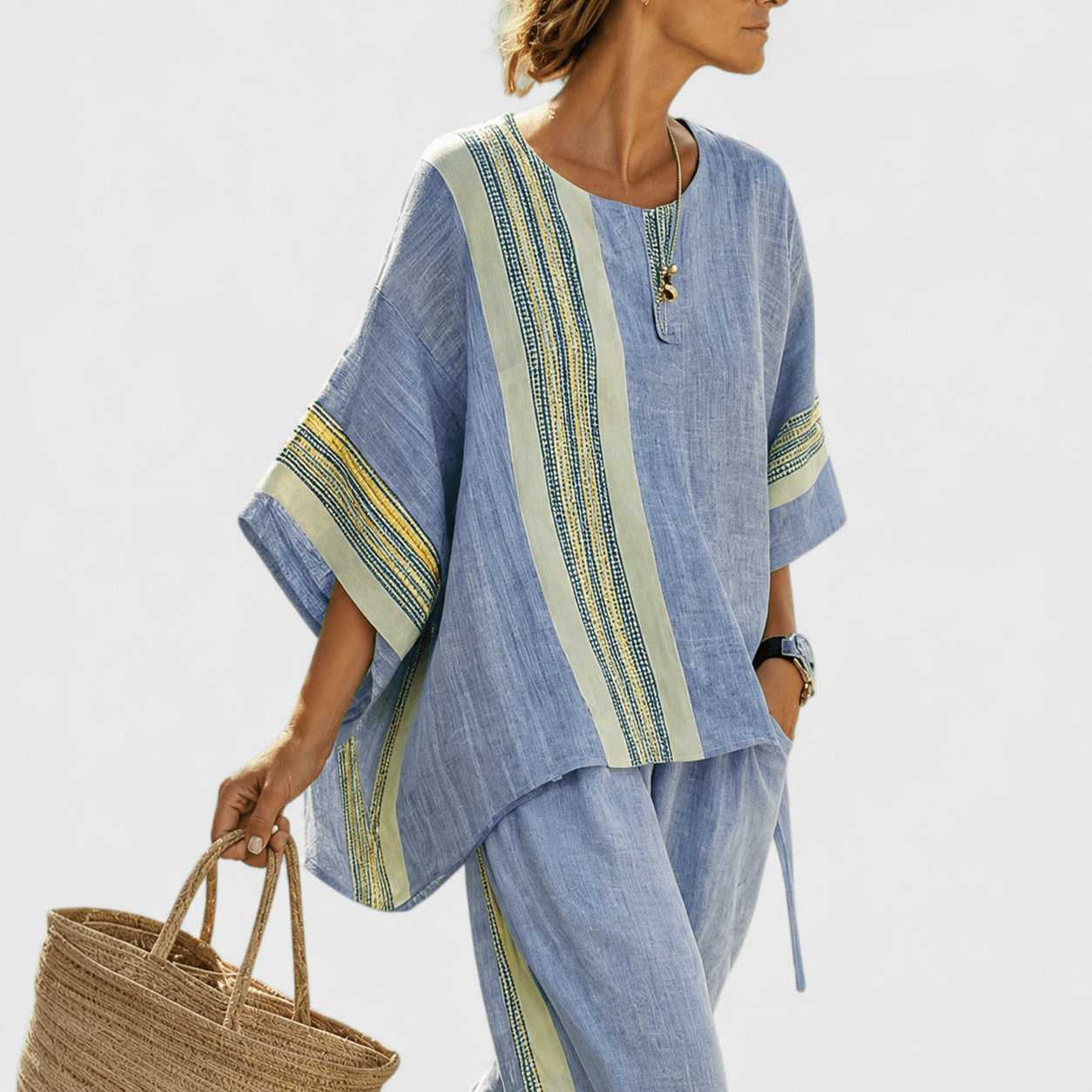 Women’s Linen Contrast Trim Co-Ord Set with Wide Leg Trousers