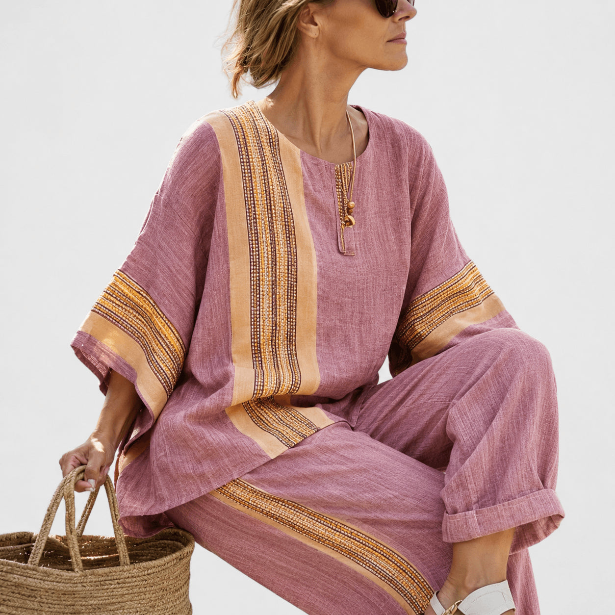 Women’s Linen Contrast Trim Co-Ord Set with Wide Leg Trousers