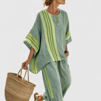 Women’s Linen Contrast Trim Co-Ord Set with Wide Leg Trousers