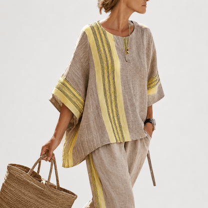 Women’s Linen Contrast Trim Co-Ord Set with Wide Leg Trousers