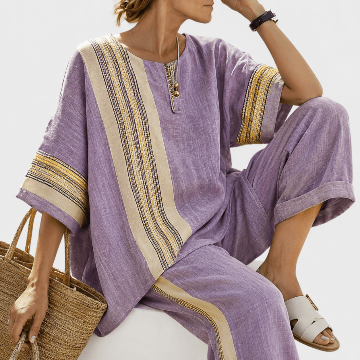 Women’s Linen Contrast Trim Co-Ord Set with Wide Leg Trousers