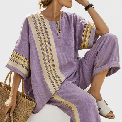 Women’s Linen Contrast Trim Co-Ord Set with Wide Leg Trousers
