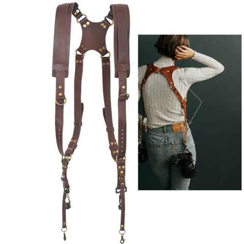 BowLift | Quick Release Anti-Slip Dual Shoulder Leather Harness Camera Strap with Metal Hook for SLR / DSLR Cameras (Brown)