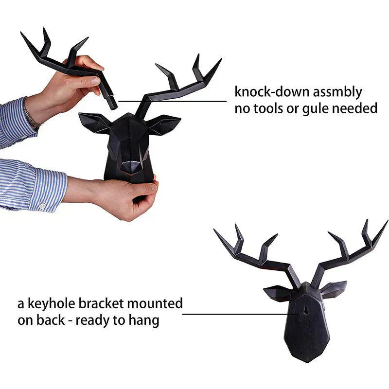 LZINA™ | Deer Head Sculpture Animal Statue Figures Wall Hanging Creative Moose Art Antlers Statuette for Office Decor Wall Mounting