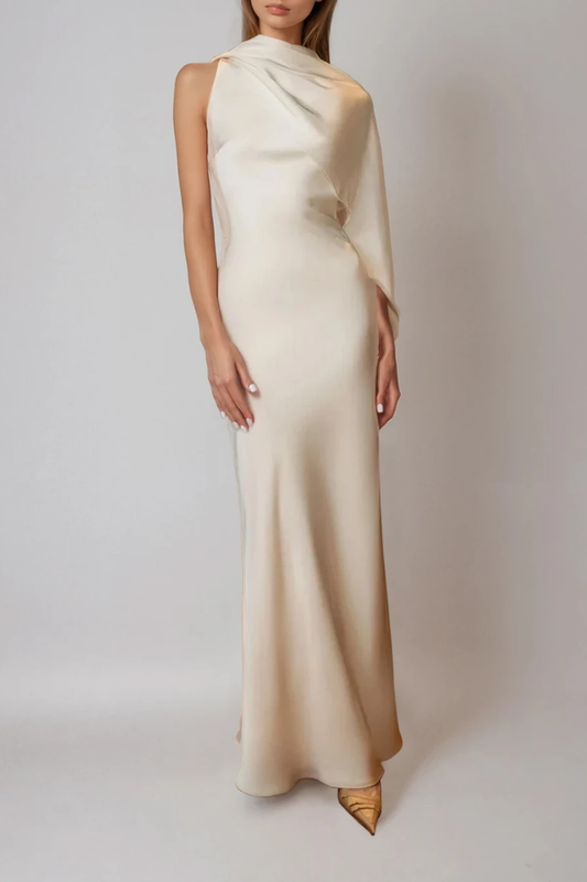 Women's Champagne Draped Back Satin Maxi Dress