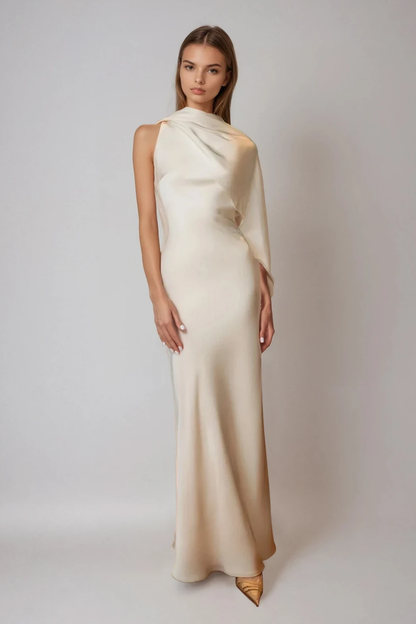 Women's Champagne Draped Back Satin Maxi Dress