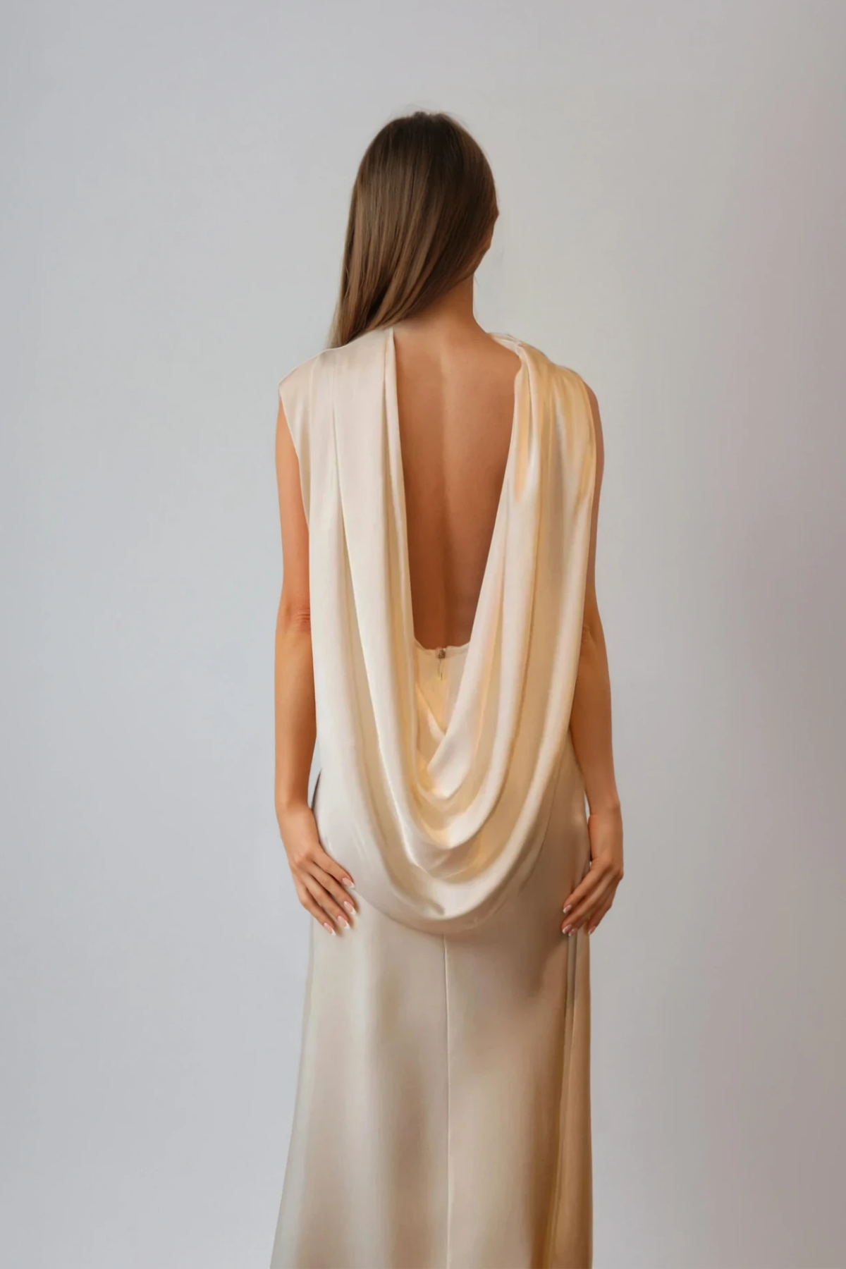 Women's Champagne Draped Back Satin Maxi Dress