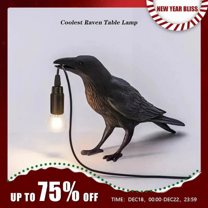 BowLift Gothic Raven Lamp with E14 Bulb & Plug – Vintage Resin Bird Nightstand Light for Bedroom, Office & Living Room in Farmhouse Art Deco Style