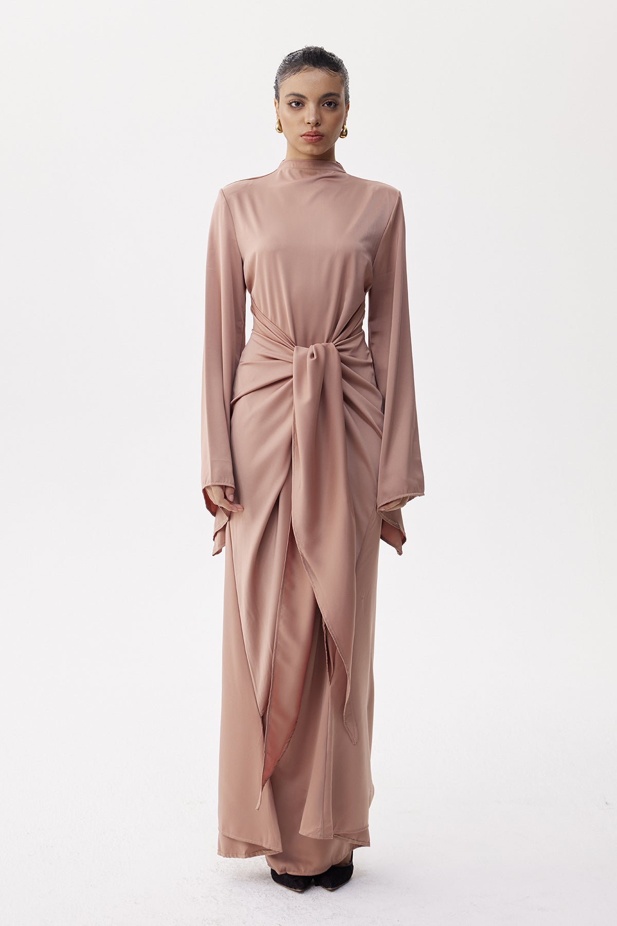 Women's Taupe Tie Front Maxi Dress with Draped Long Sleeves