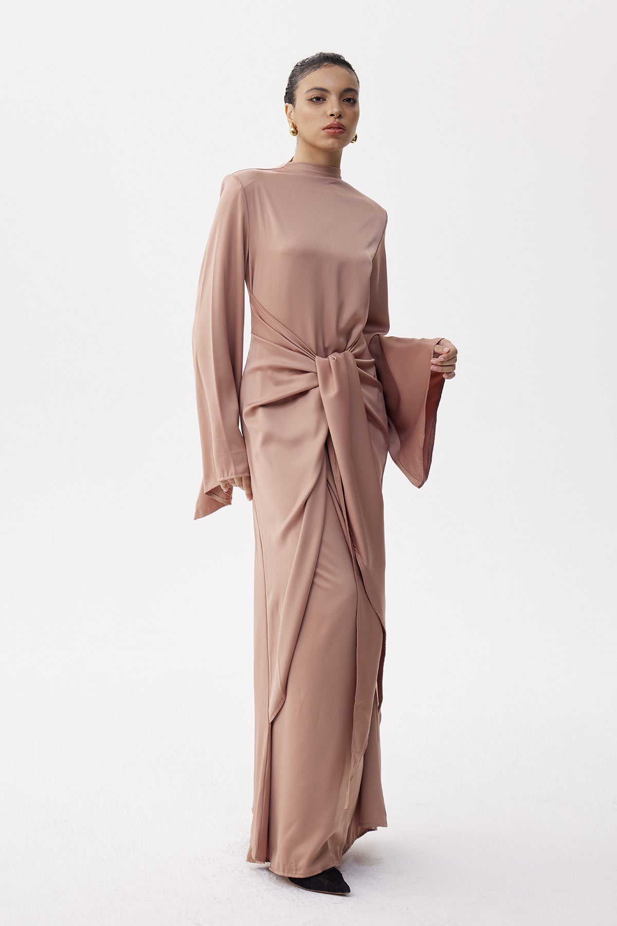 Women's Taupe Tie Front Maxi Dress with Draped Long Sleeves