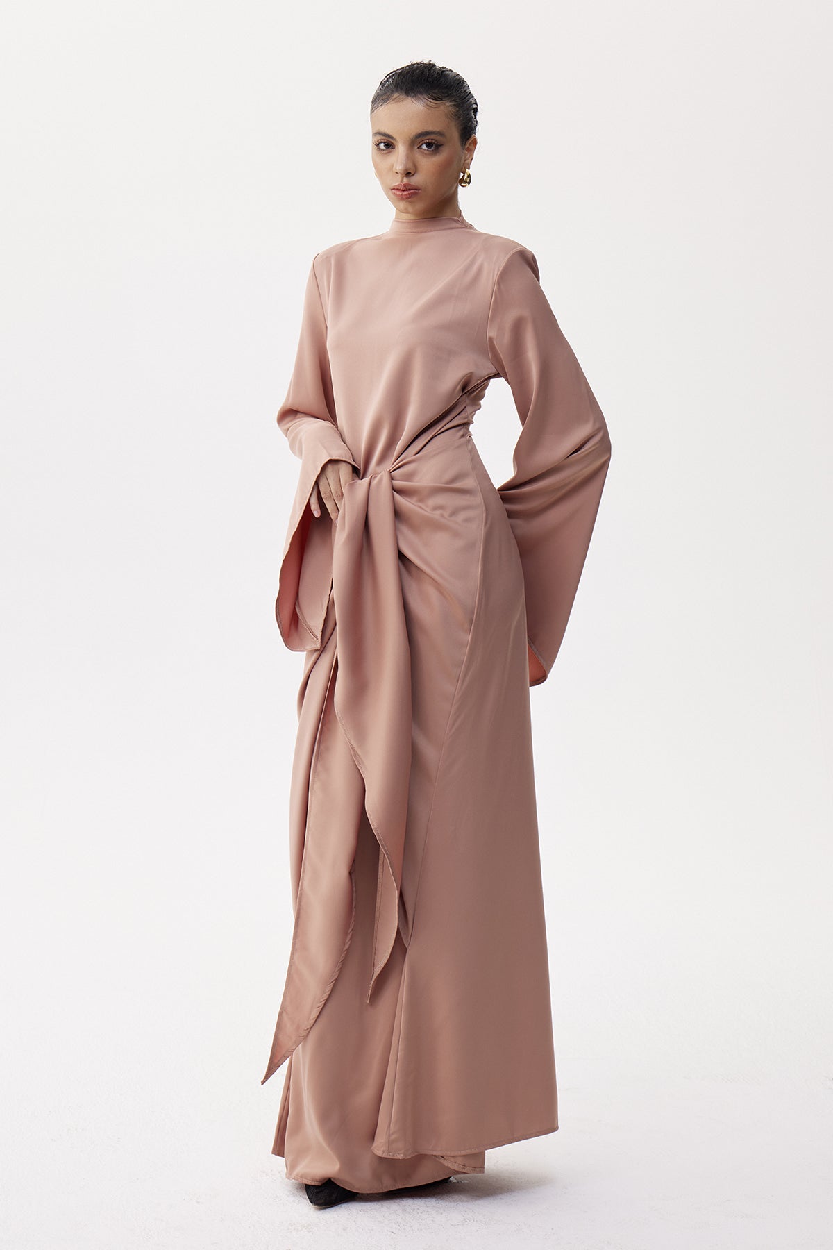 Women's Taupe Tie Front Maxi Dress with Draped Long Sleeves
