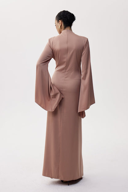 Women's Taupe Tie Front Maxi Dress with Draped Long Sleeves
