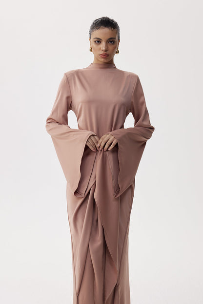 Women's Taupe Tie Front Maxi Dress with Draped Long Sleeves