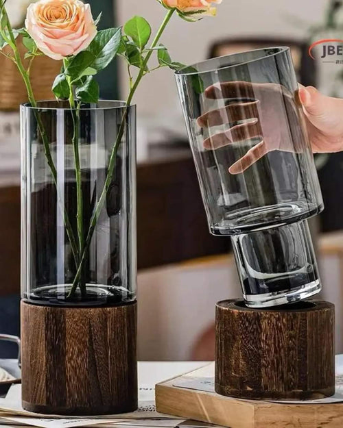 LZINA™ | Glass flower vase with wooden base