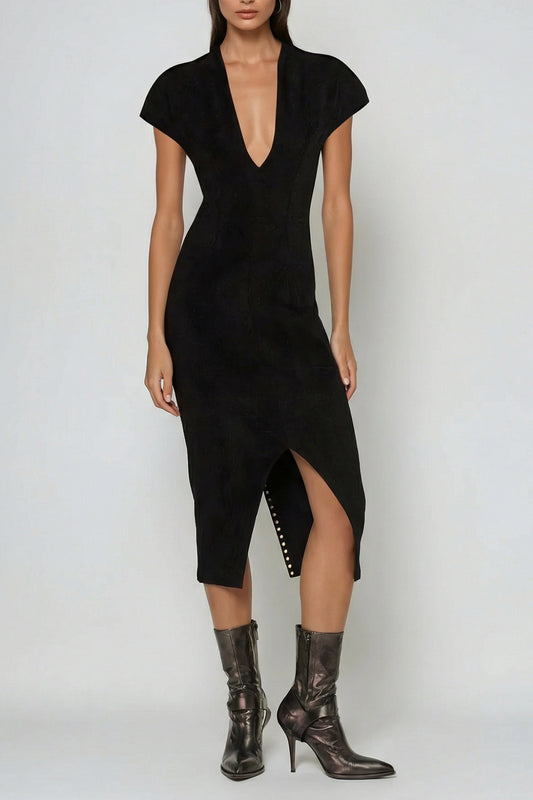 Women's Black V Neck Short Sleeve Split Midi Dress with Lace-Up Detail