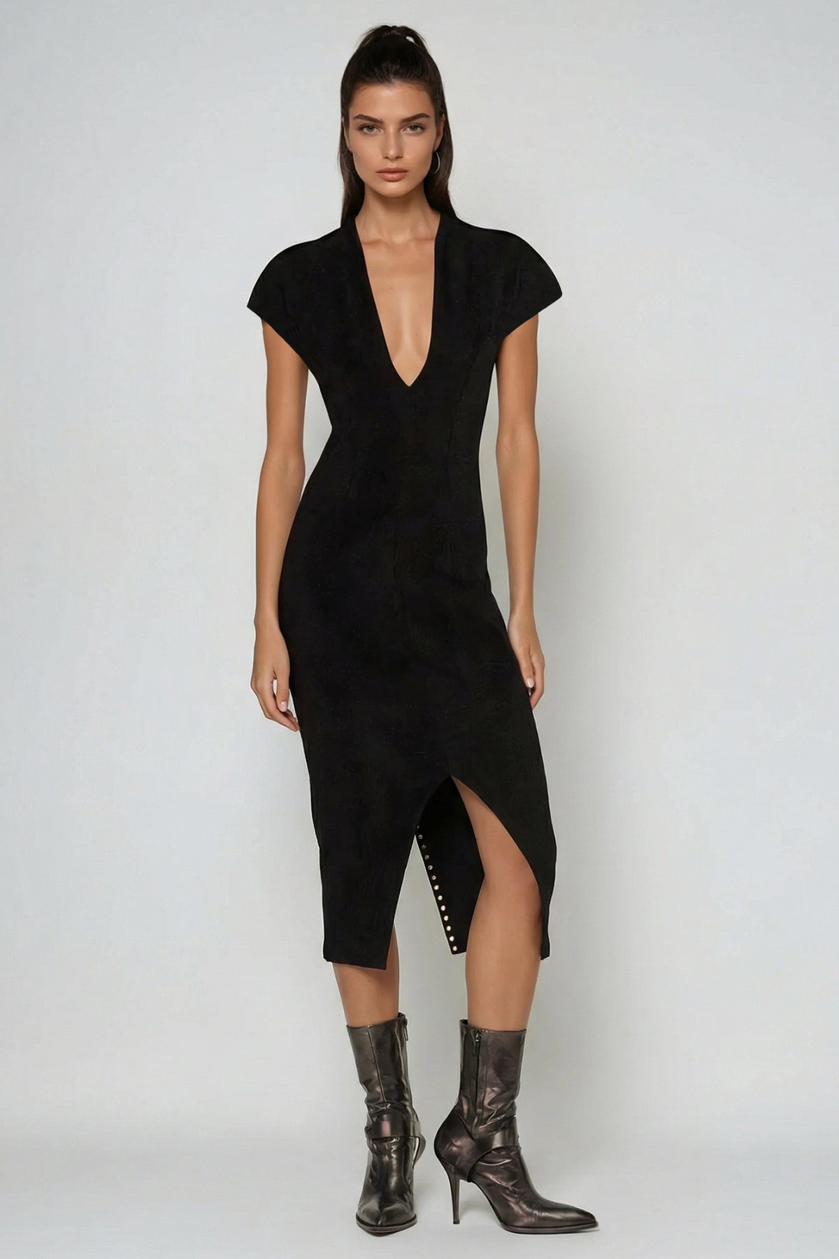 Women's Black V Neck Short Sleeve Split Midi Dress with Lace-Up Detail
