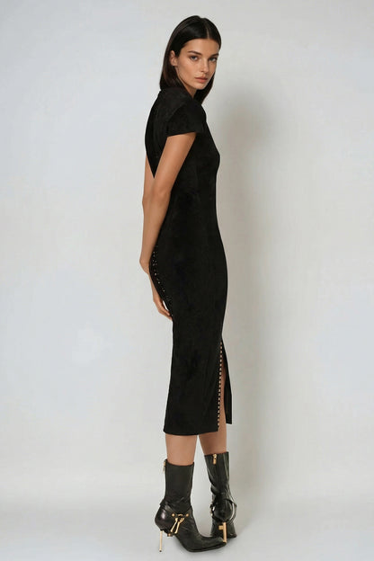 Women's Black V Neck Short Sleeve Split Midi Dress with Lace-Up Detail