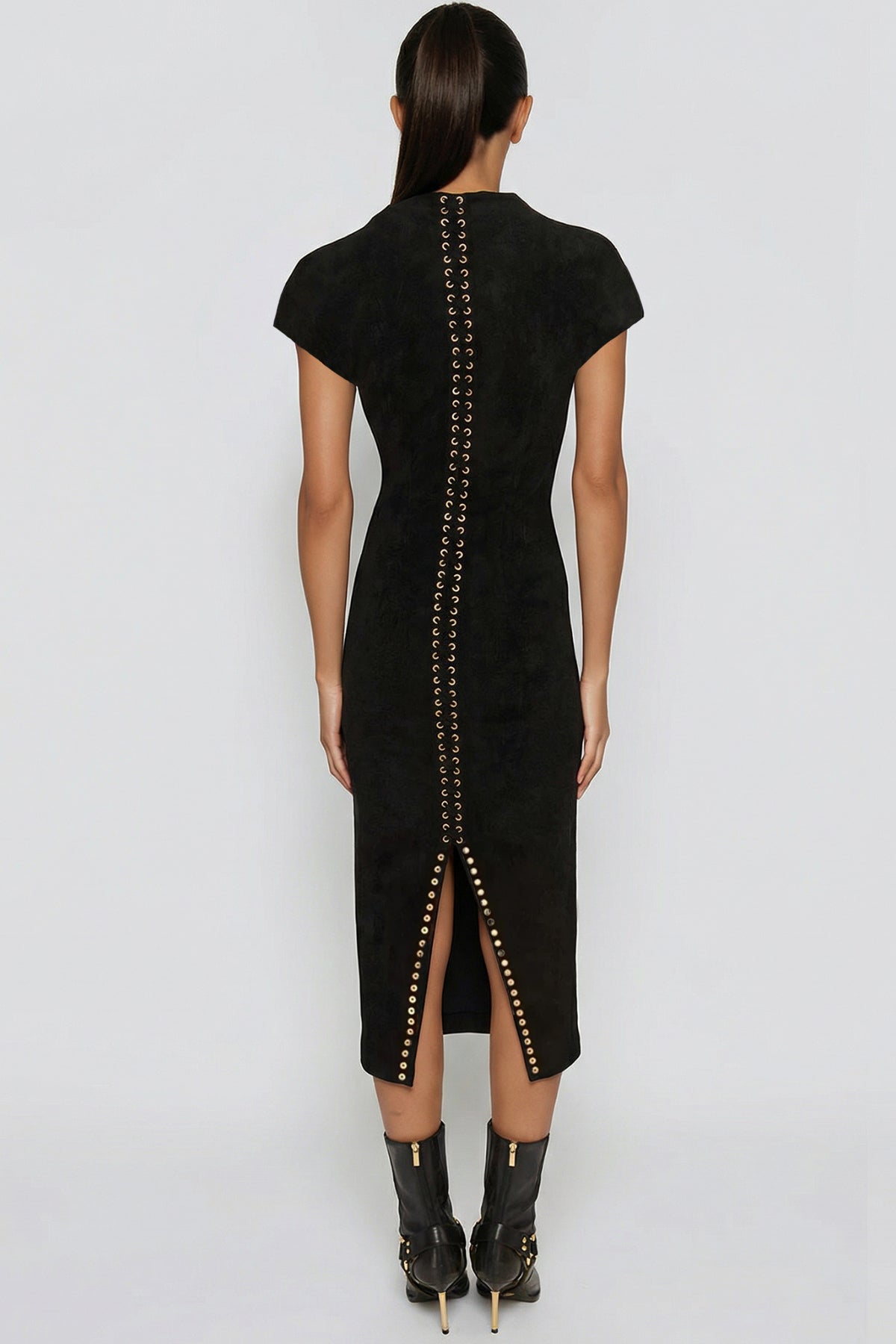 Women's Black V Neck Short Sleeve Split Midi Dress with Lace-Up Detail