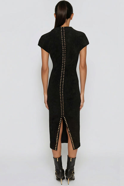 Women's Black V Neck Short Sleeve Split Midi Dress with Lace-Up Detail