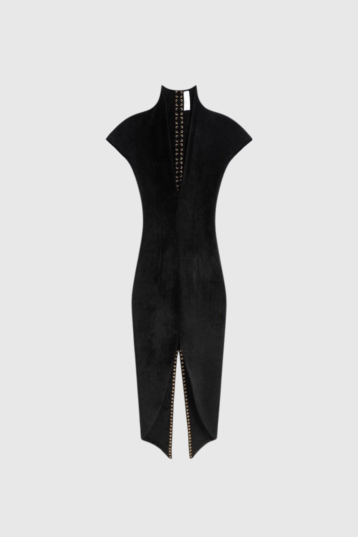 Women's Black V Neck Short Sleeve Split Midi Dress with Lace-Up Detail