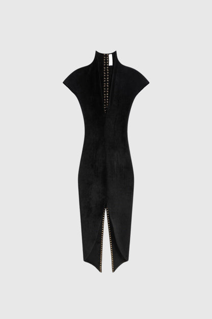 Women's Black V Neck Short Sleeve Split Midi Dress with Lace-Up Detail