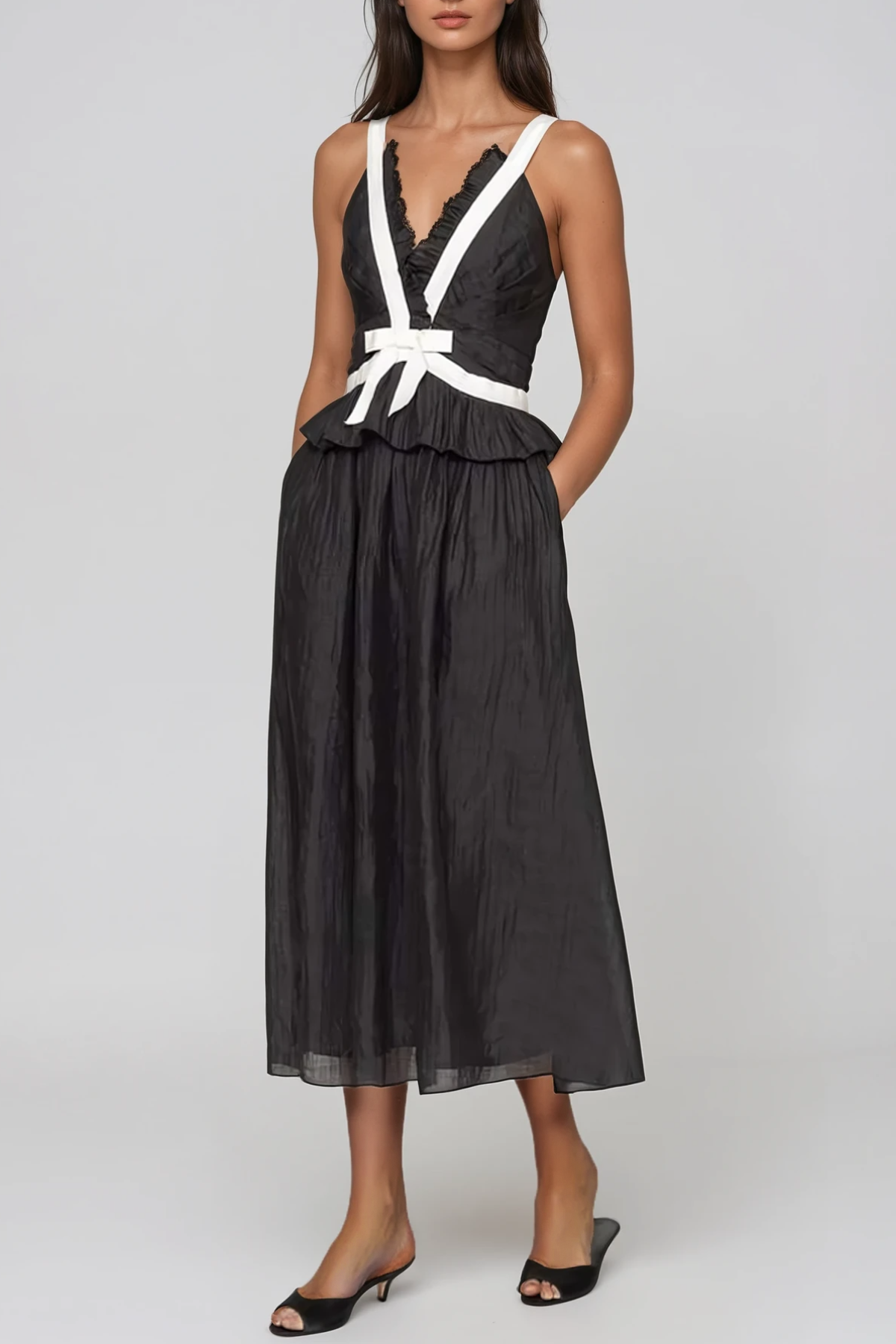 Women's Black V Neck Bow Midi Dress with Sleeveless Contrast Detail