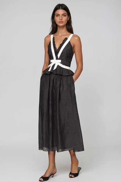 Women's Black V Neck Bow Midi Dress with Sleeveless Contrast Detail
