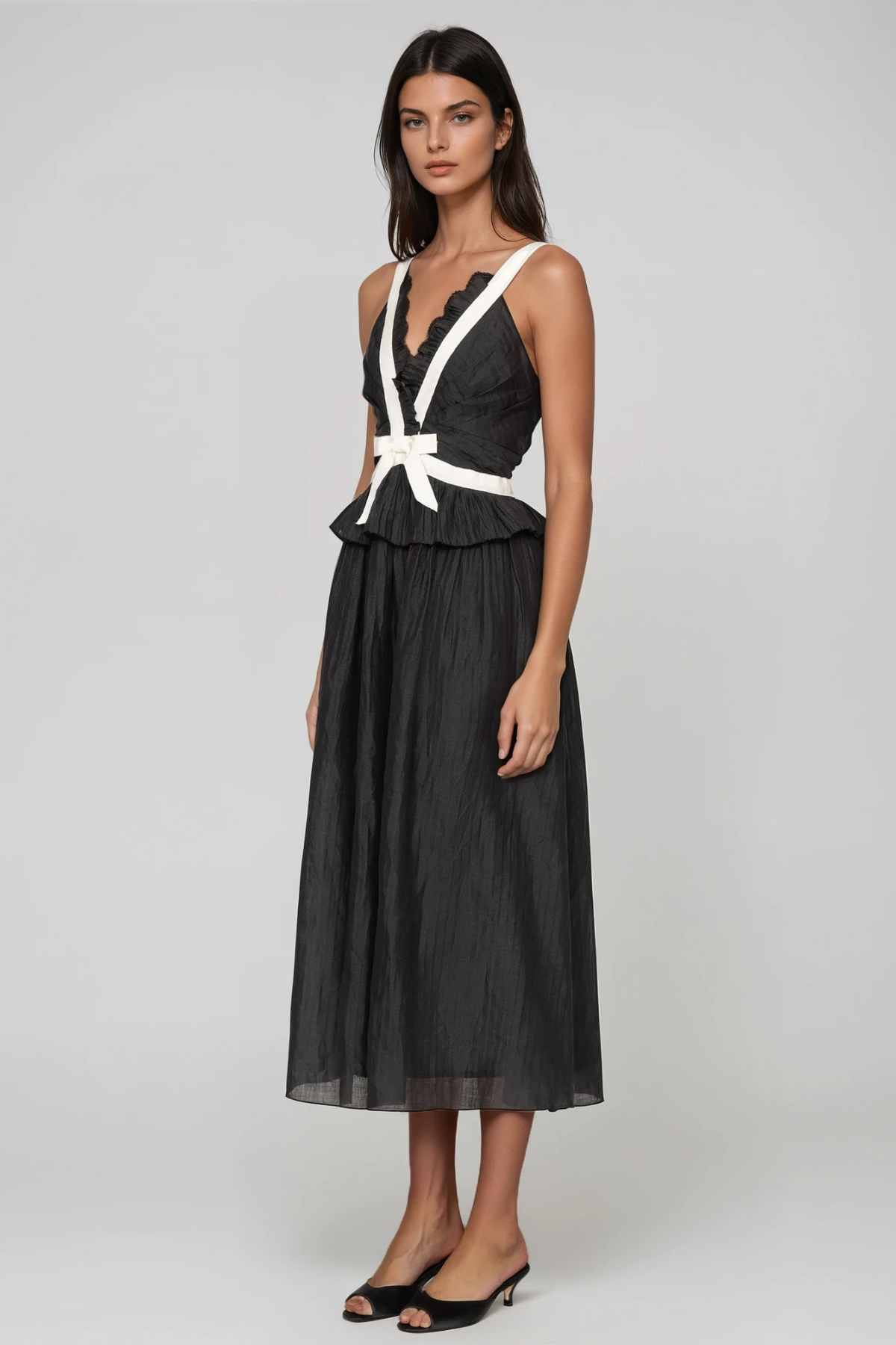 Women's Black V Neck Bow Midi Dress with Sleeveless Contrast Detail