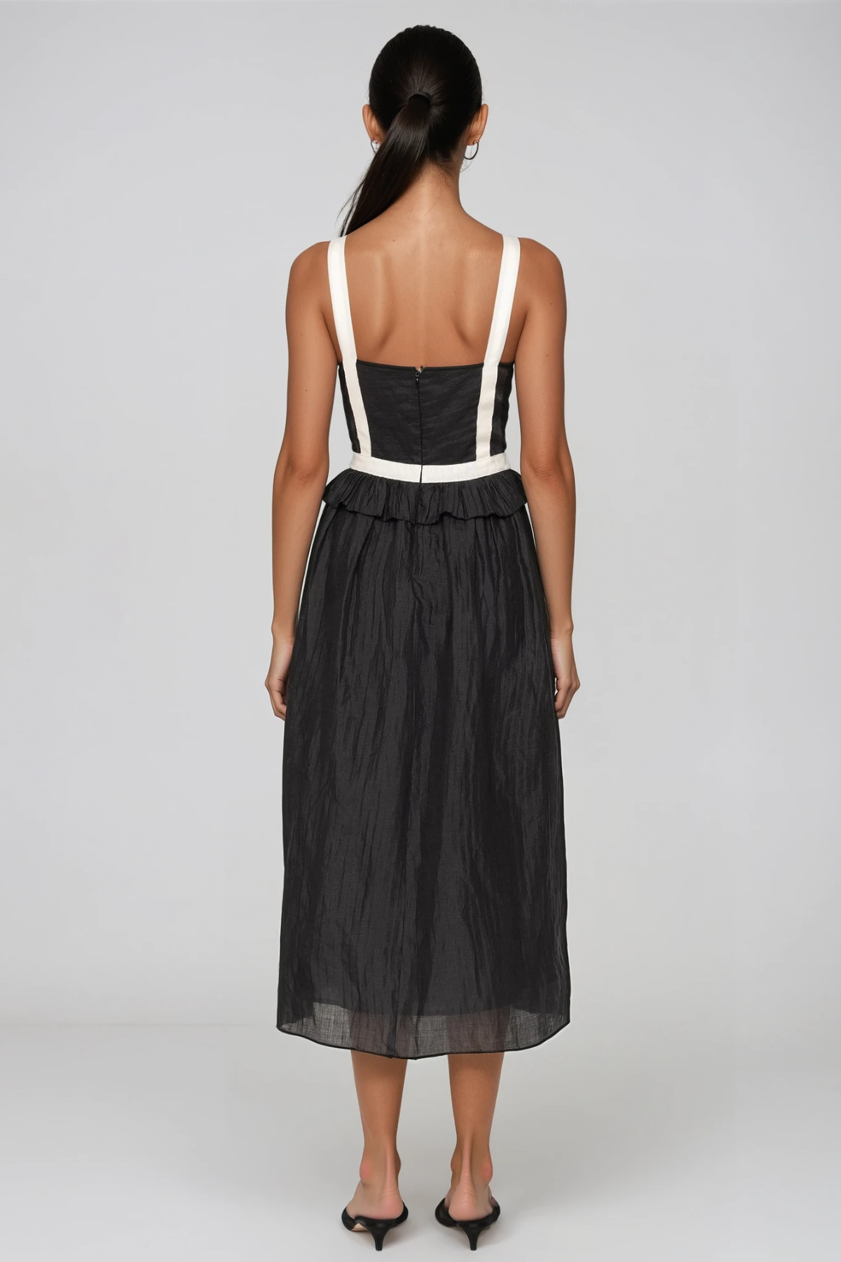 Women's Black V Neck Bow Midi Dress with Sleeveless Contrast Detail