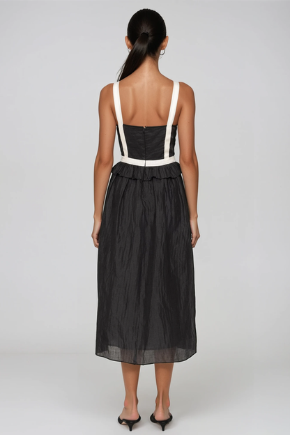 Women's Black V Neck Bow Midi Dress with Sleeveless Contrast Detail