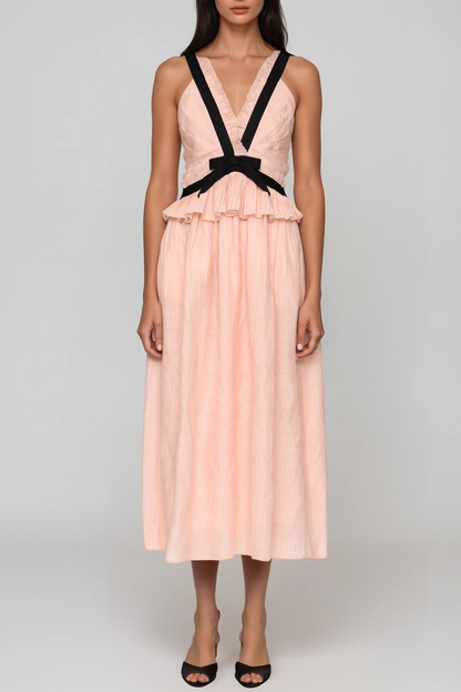 Women's Pink V Neck Bow Midi Dress with Sleeveless Ruffle Detail