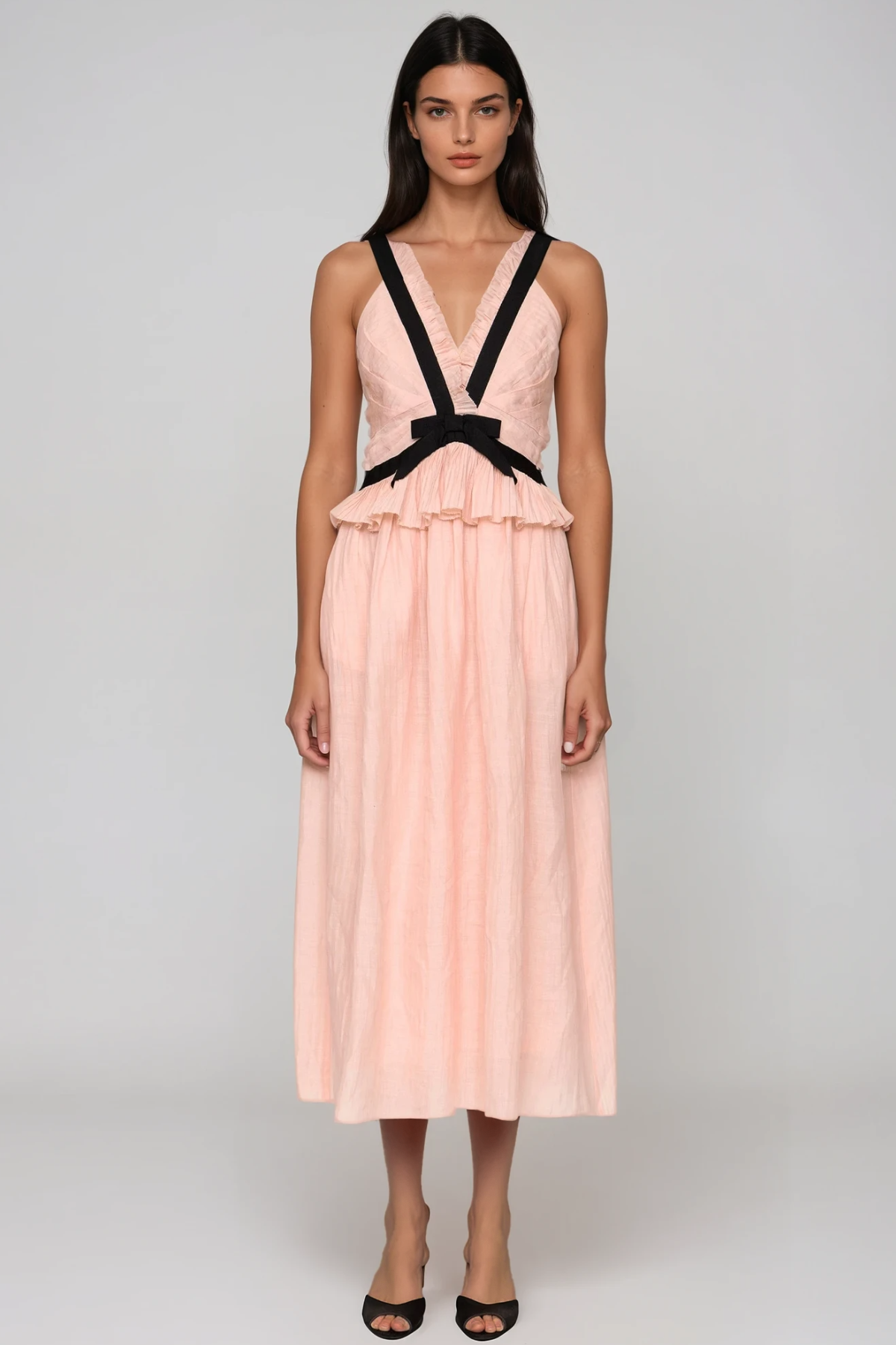 Women's Pink V Neck Bow Midi Dress with Sleeveless Ruffle Detail