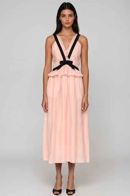 Women's Pink V Neck Bow Midi Dress with Sleeveless Ruffle Detail