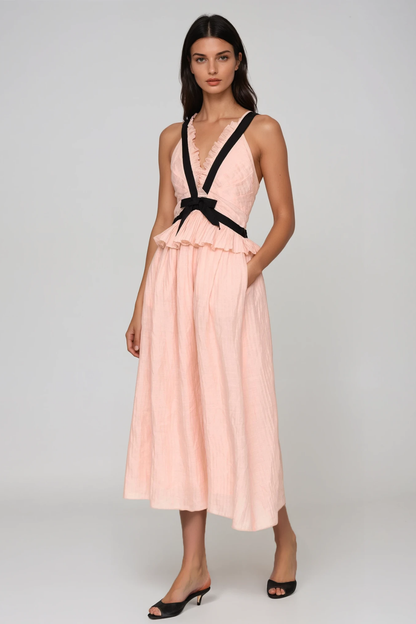 Women's Pink V Neck Bow Midi Dress with Sleeveless Ruffle Detail
