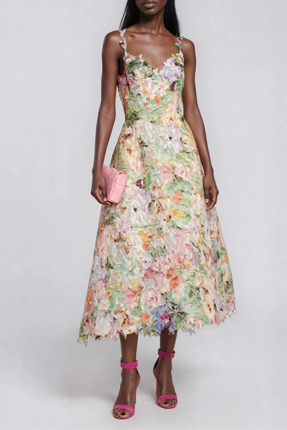 Women's Floral Spaghetti Strap Midi Dress with A-Line Skirt