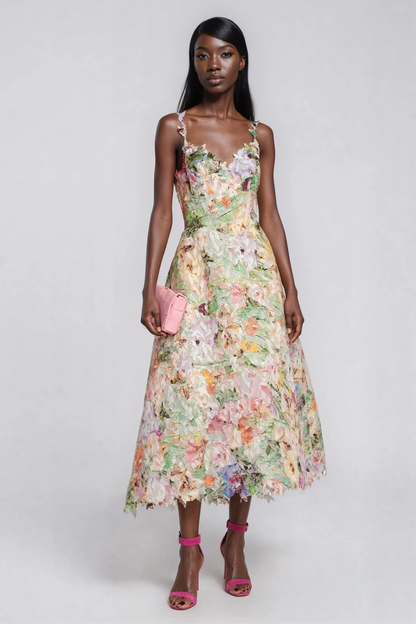 Women's Floral Spaghetti Strap Midi Dress with A-Line Skirt