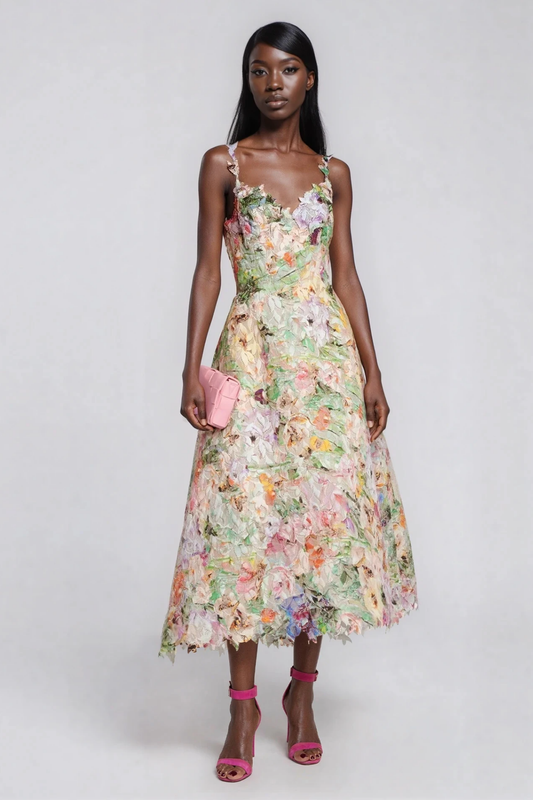 Women's Floral Spaghetti Strap Midi Dress with A-Line Skirt