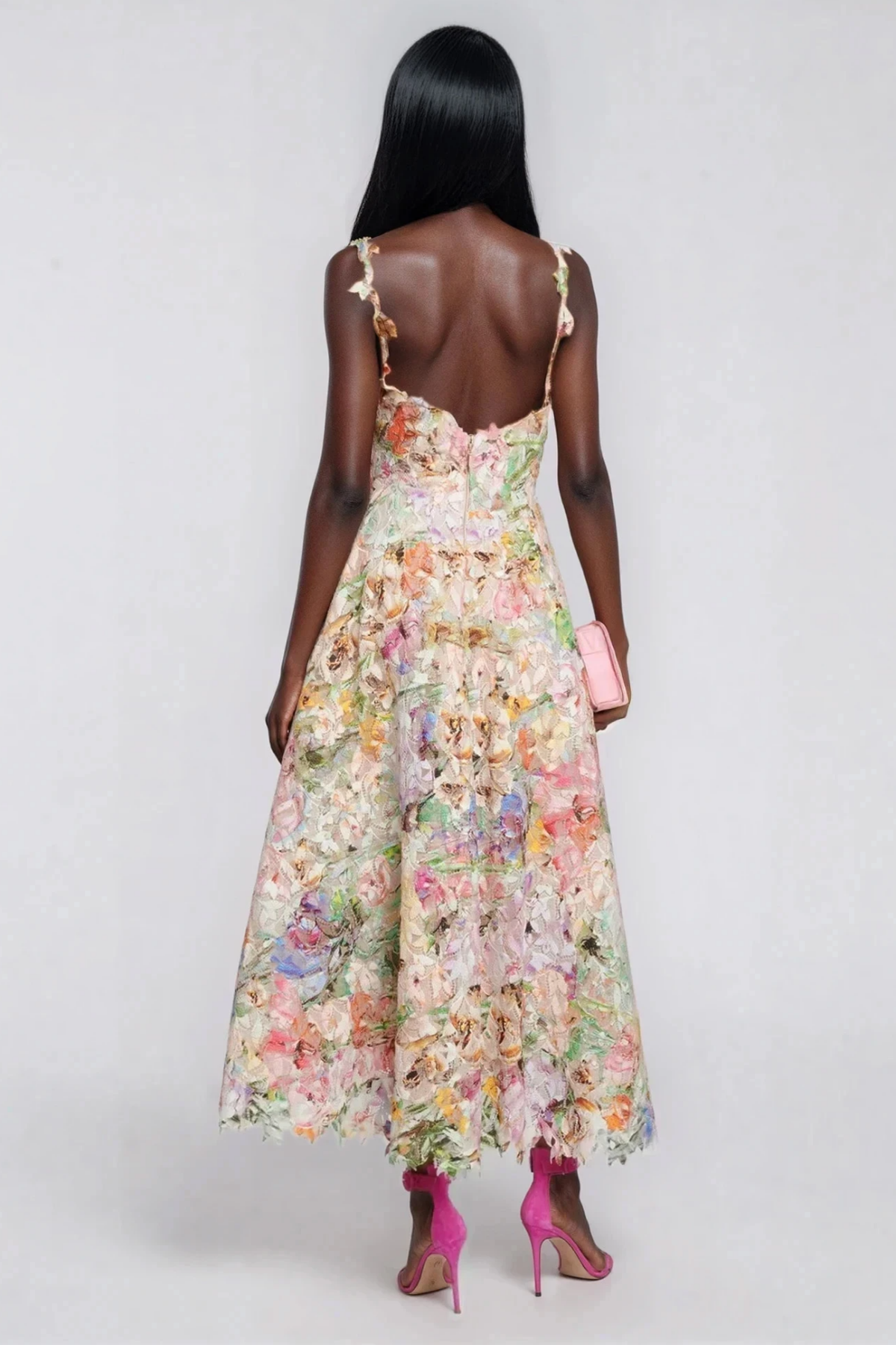 Women's Floral Spaghetti Strap Midi Dress with A-Line Skirt