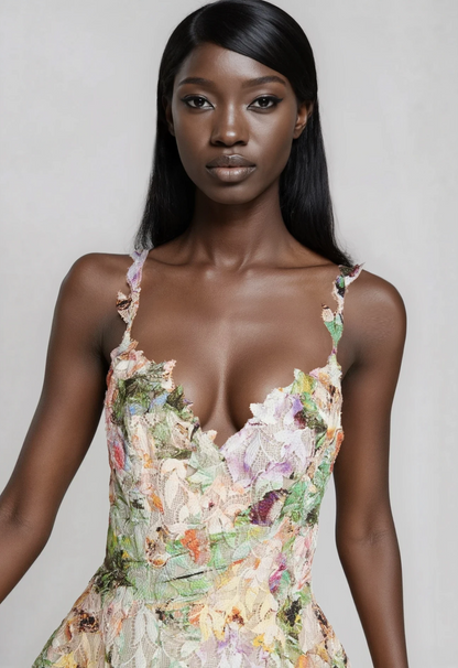 Women's Floral Spaghetti Strap Midi Dress with A-Line Skirt
