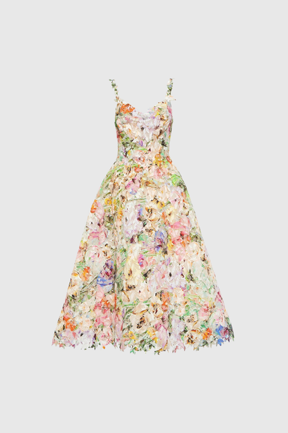 Women's Floral Spaghetti Strap Midi Dress with A-Line Skirt