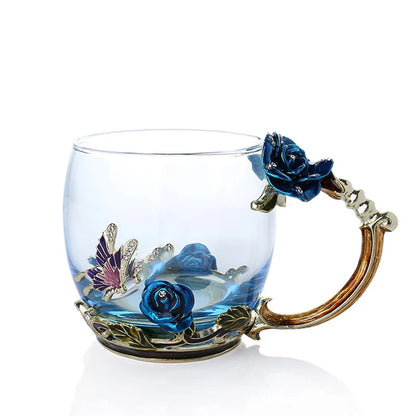 BowLift | Handcrafted Enamel Coffee Mugs Rose-Glass Tea Cup with Steel Spoon Luxury Unique Gifts for Wedding Valentine's Day Birthday Gifts