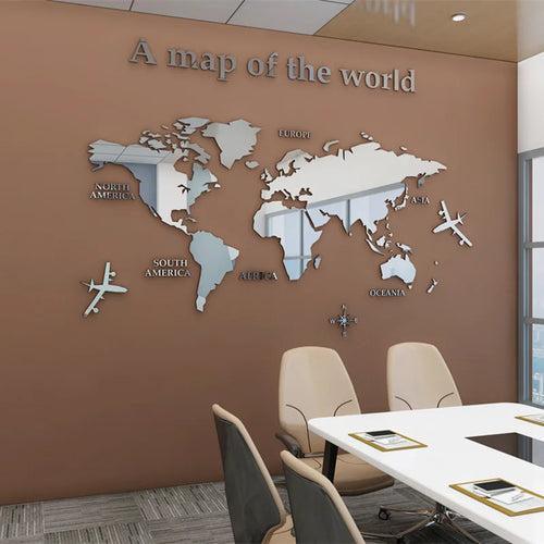 Map Of The World 3d Wall Mural Crystal Mirrored Acrylic World Map Wall Decal Sticker For Office Living Room Kid's Room Creative DIY Home Decor | Bowlift