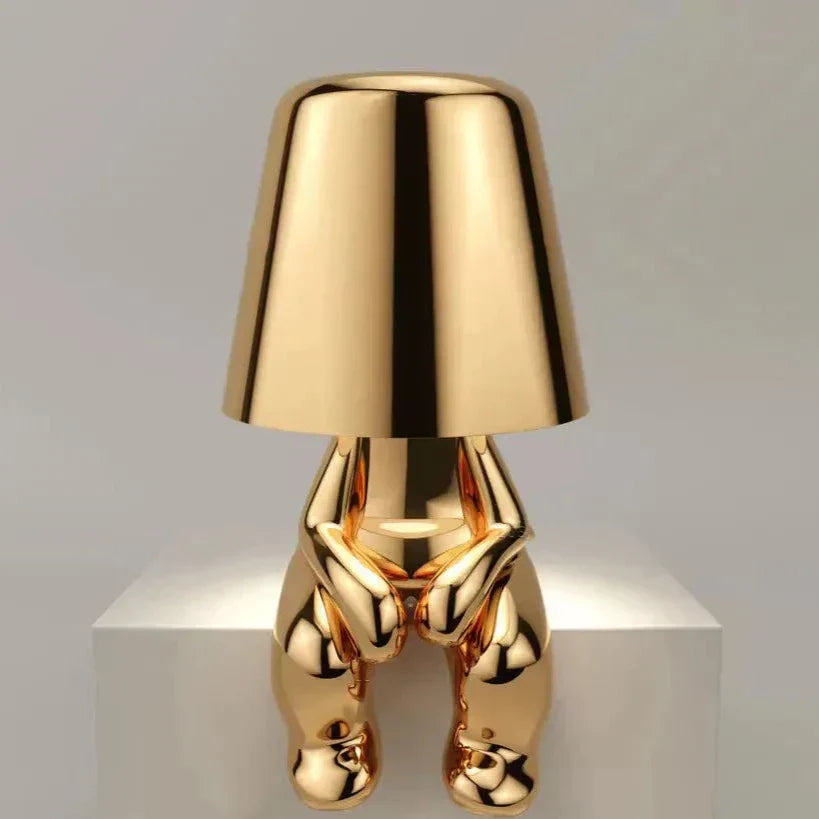BowLift Golden Man LED Thinker Table Lamp – Playful Nightstand Light for Bedroom Decor
