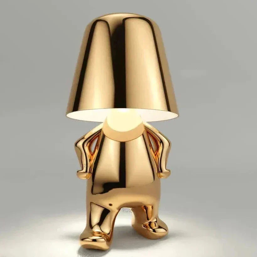 BowLift Golden Man LED Thinker Table Lamp – Playful Nightstand Light for Bedroom Decor