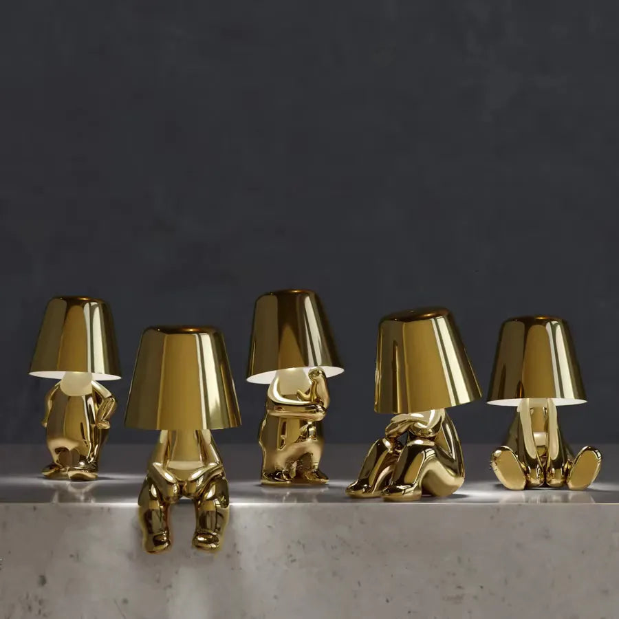 BowLift Golden Man LED Thinker Table Lamp – Playful Nightstand Light for Bedroom Decor