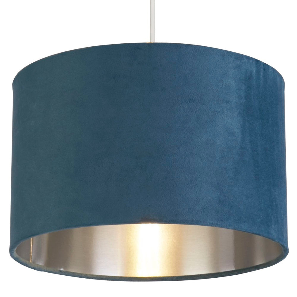 BowLift Teal Velvet Vintage Drum Shade – Easy Fit, Silver Interior, 28cm