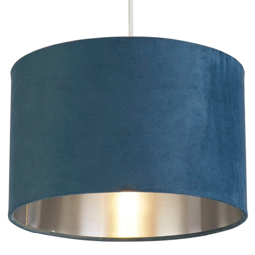 BowLift Teal Velvet Vintage Drum Shade – Easy Fit, Silver Interior, 28cm