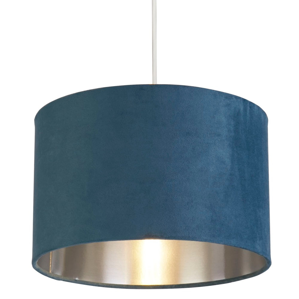 BowLift Teal Velvet Vintage Drum Shade – Easy Fit, Silver Interior, 28cm